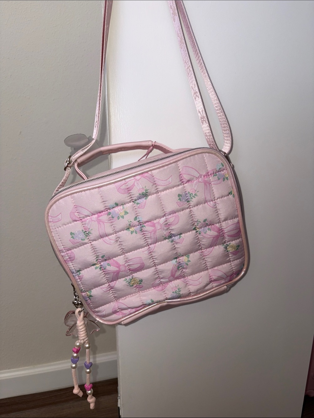 Pink Quilted Crossbody Bag with Floral Accents Lunch Bag